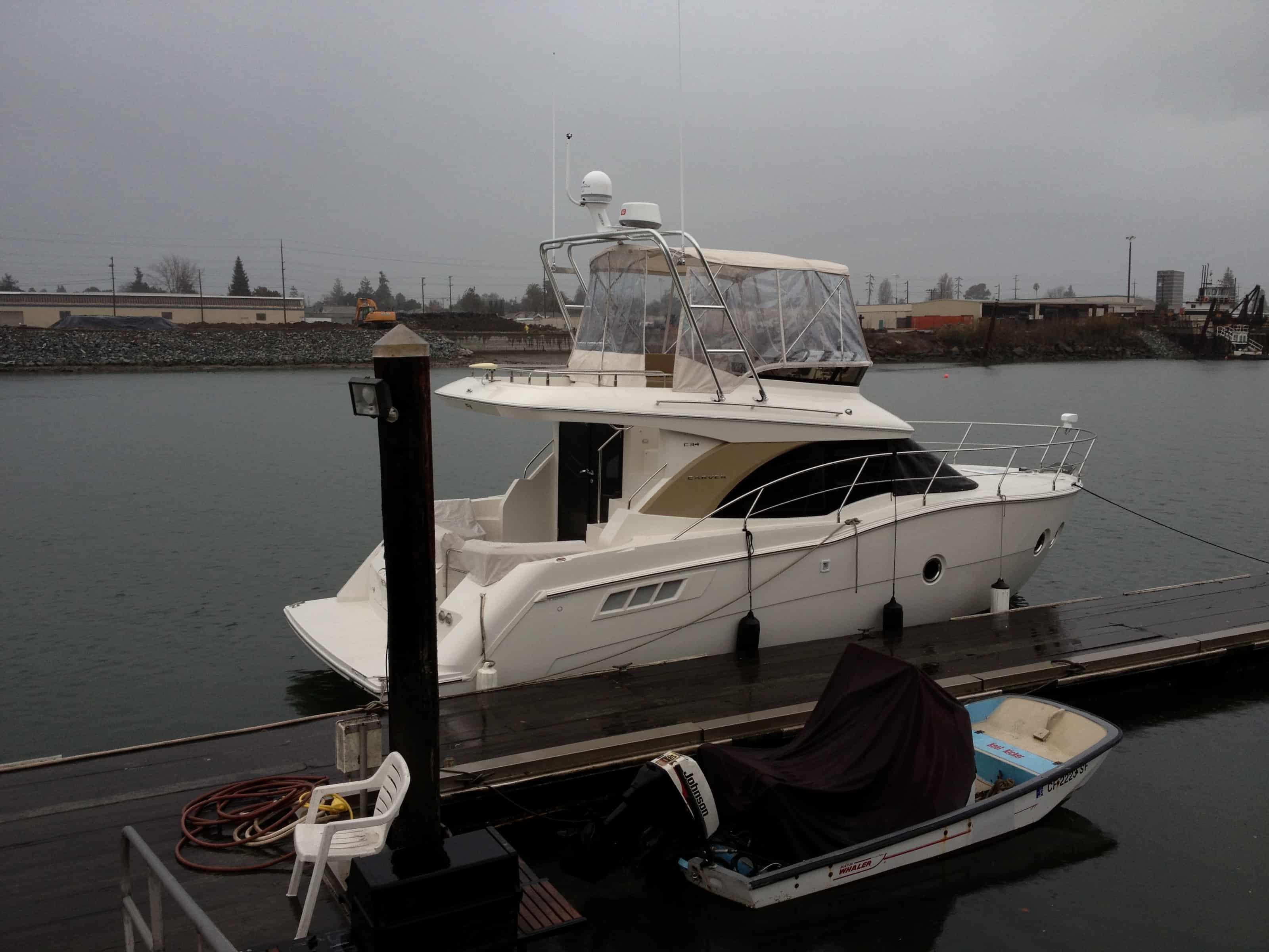 Atlantic Towers arch on a Carver 34C convertible cruiser, showcasing its sleek design and functionality.