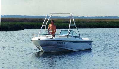 Atlantic Towers Air Tower installed on a Boston Whaler 20 Dauntless boat, floating on calm waters.