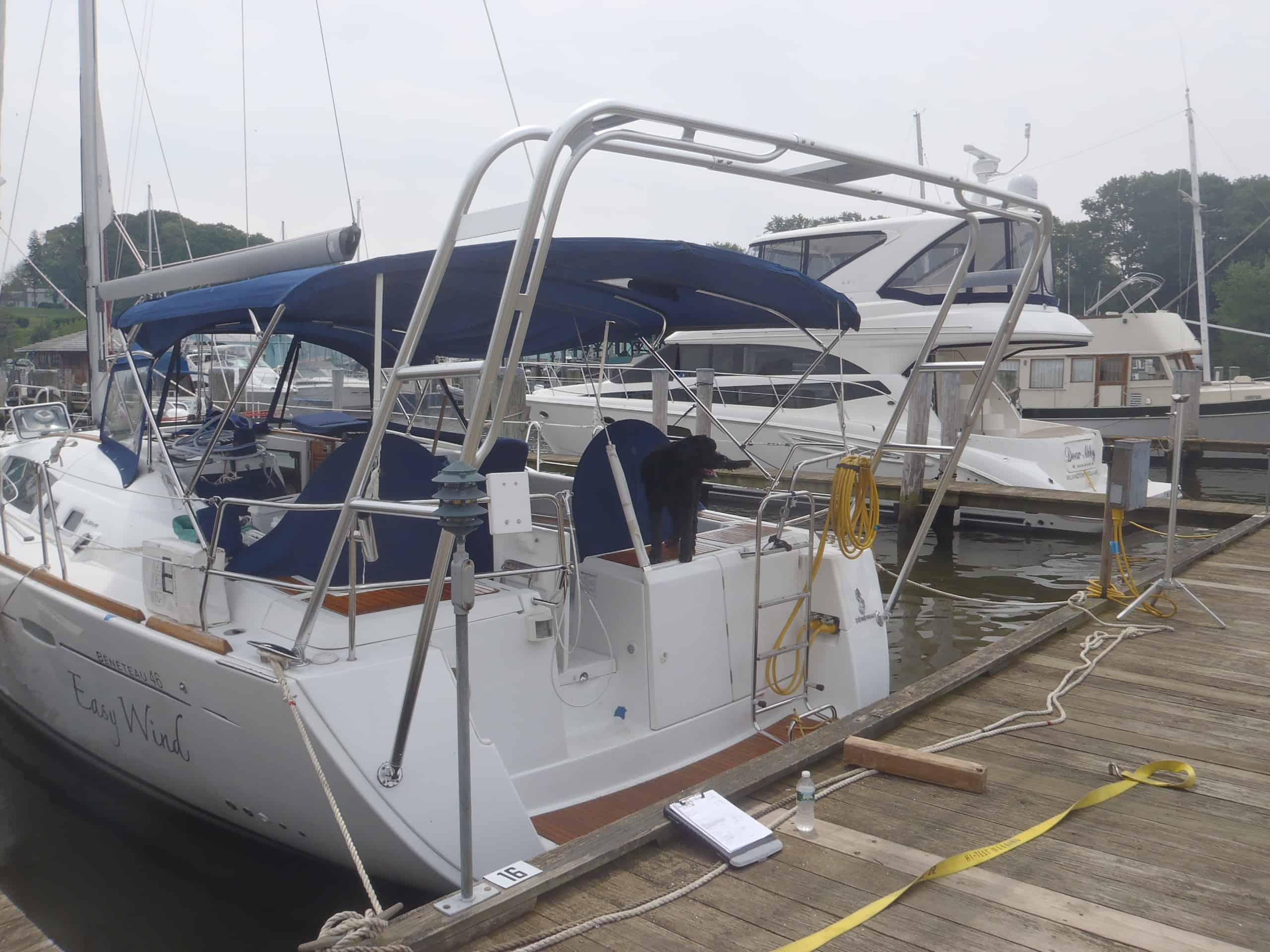 Atlantic Towers Arch installed on Beneteau 46 sailboat with rigging and sails raised on open water.