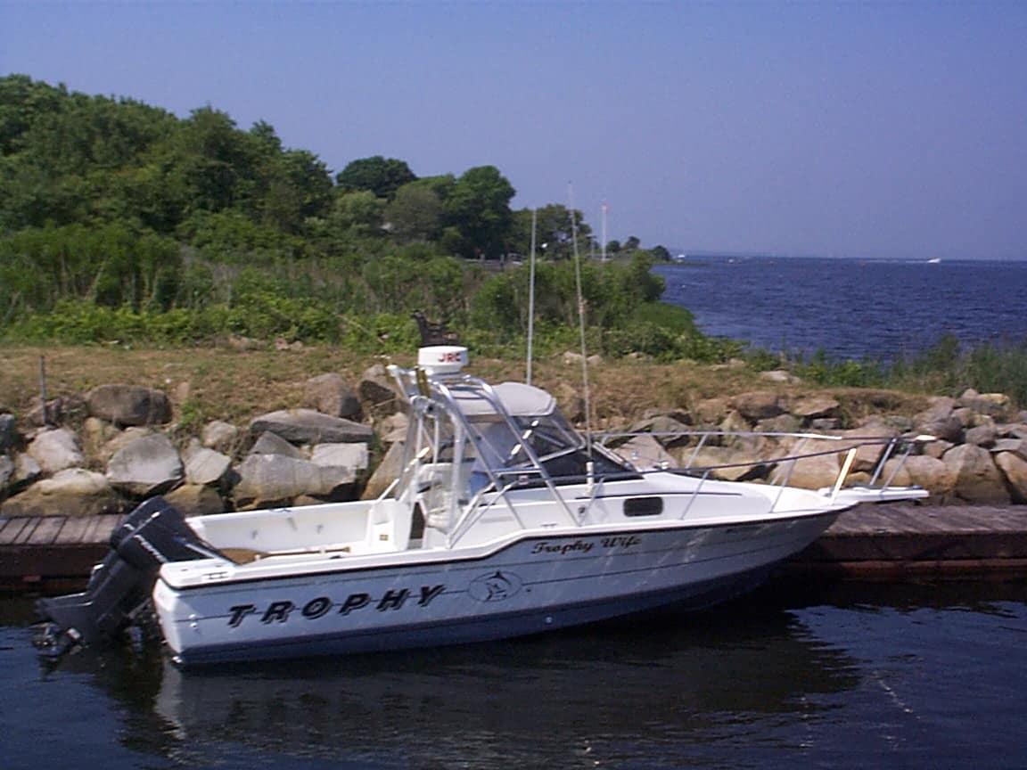 Atlantic Towers arch on a Trophy 2302 walkaround boat, showcasing its sleek design and functional features.