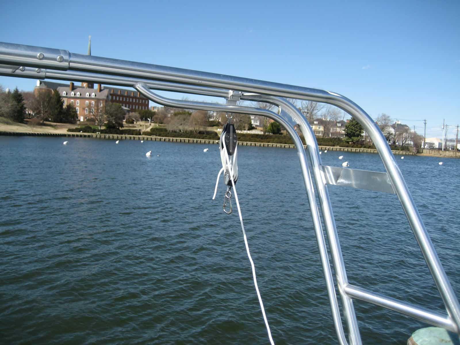 Atlantic Towers Arch installed on Hunter 50 CC center cockpit sailboat, shown from starboard side at dock