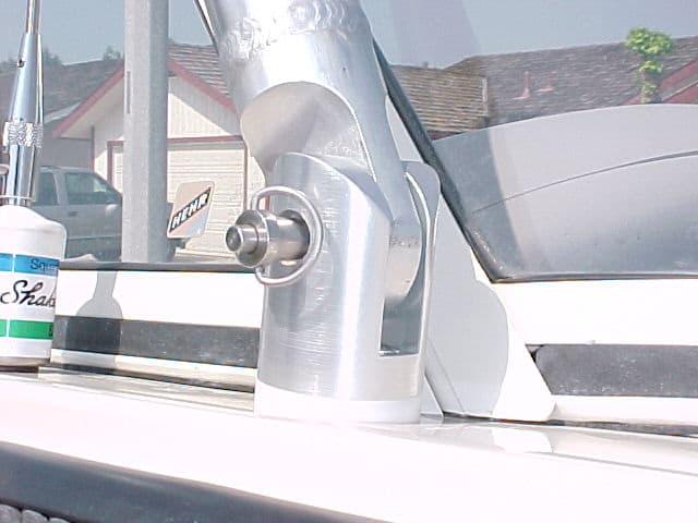 Close-up of the Atlantic Towers Air Tower installed on a Crestliner 1950 boat, showcasing its secure mount and aluminum design.