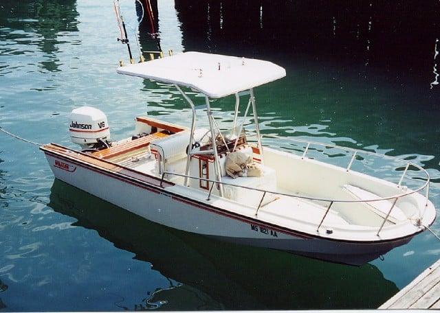 Atlantic Towers T-Top installed on a Boston Whaler 22 Revenge boat, moored in calm water.