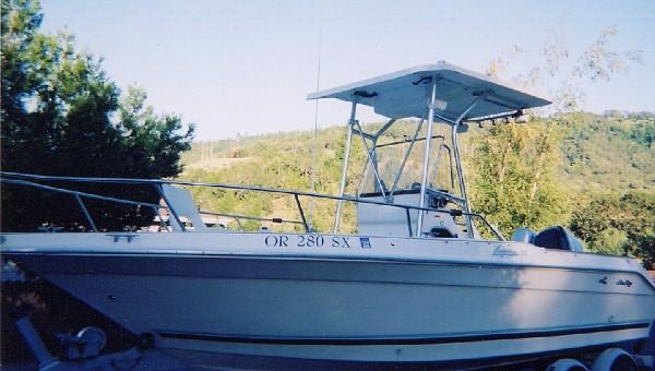 Atlantic Towers T-Top installed on a Sea Ray 20 Laguna boat, surrounded by greenery in a scenic setting.