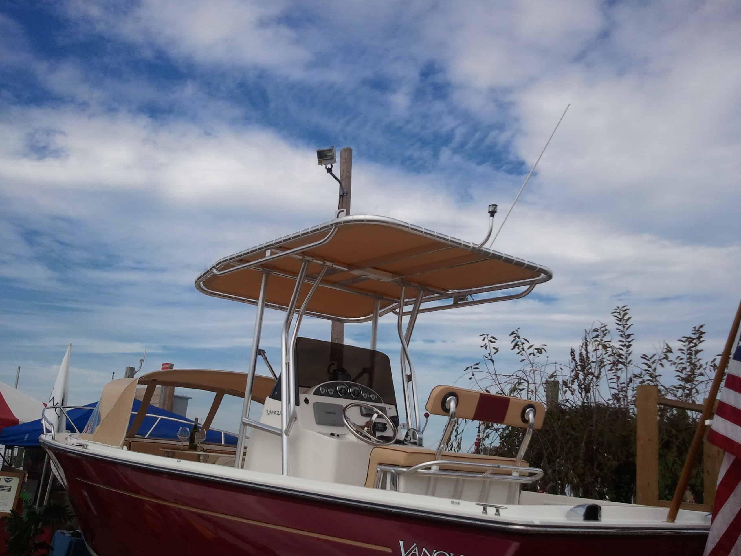 Atlantic Towers T-Top installed on a Vanquish Boats 24 center console boat, showcasing its sleek design and functionality.
