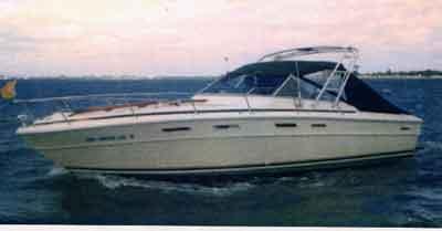 Sea Ray 300 SRV motorboat featuring Atlantic Towers Arch mounted on the top deck with a dark canvas cover.