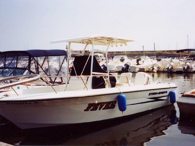 Hydra Sports 212 Center Console boat with Atlantic Towers T-Top installed, docked among other boats in marina.