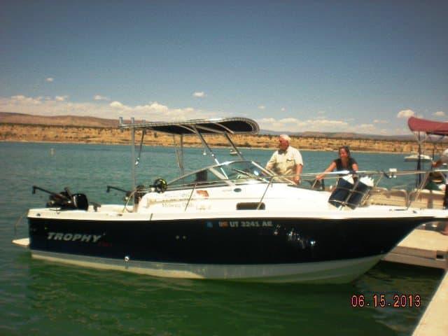 Atlantic Towers Top installed on a Trophy 2002 walkaround boat, showing the frame and cover structure.
