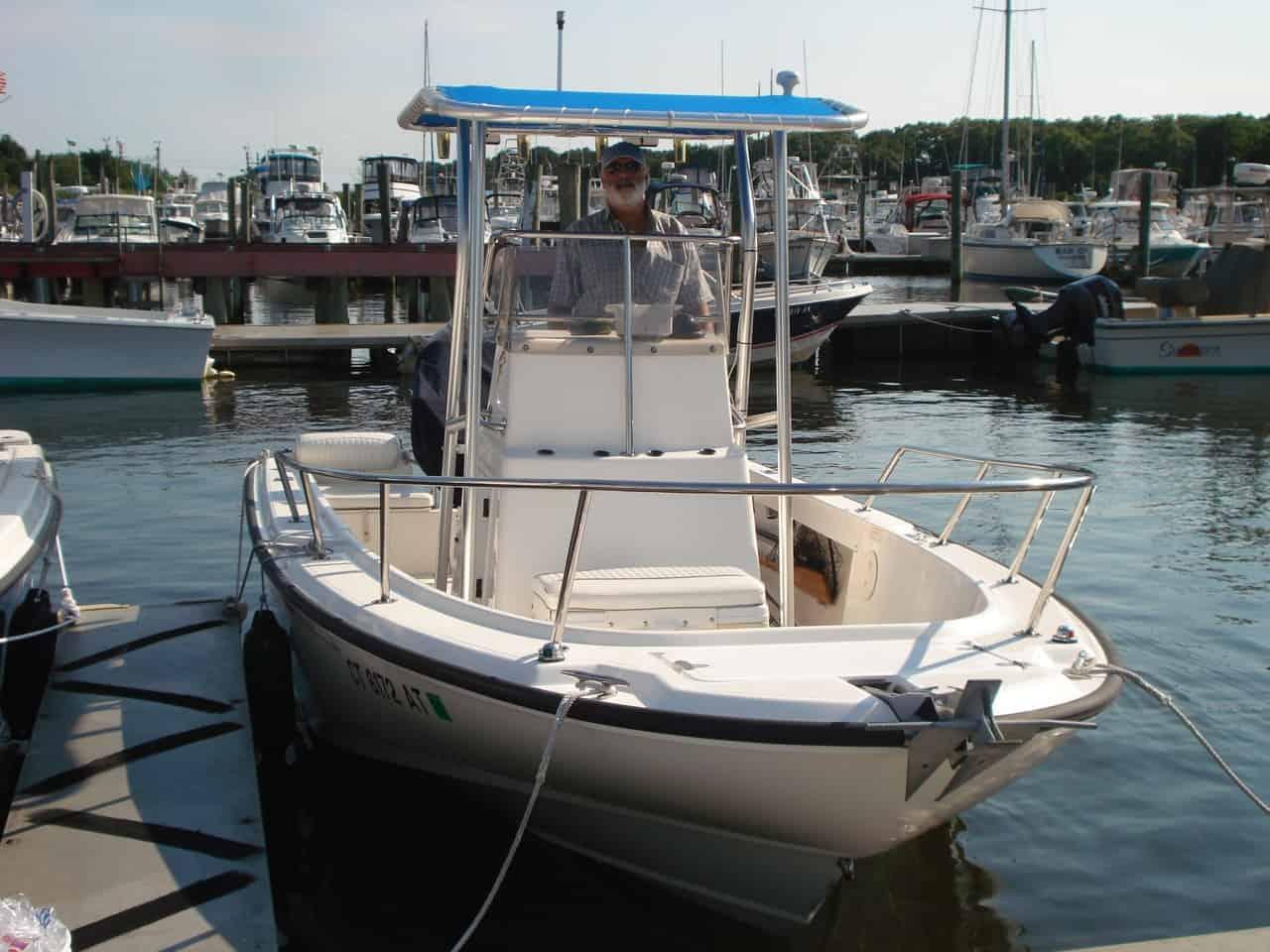 Atlantic Towers T-Top installed on a Boston Whaler 19/20 Outrage center console boat.