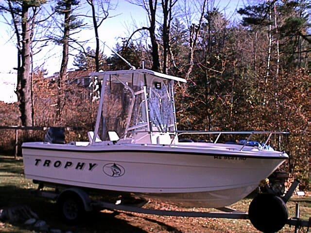 Atlantic Towers T-Top installed on a Trophy 1903 Center Console boat, parked in a scenic outdoor setting.