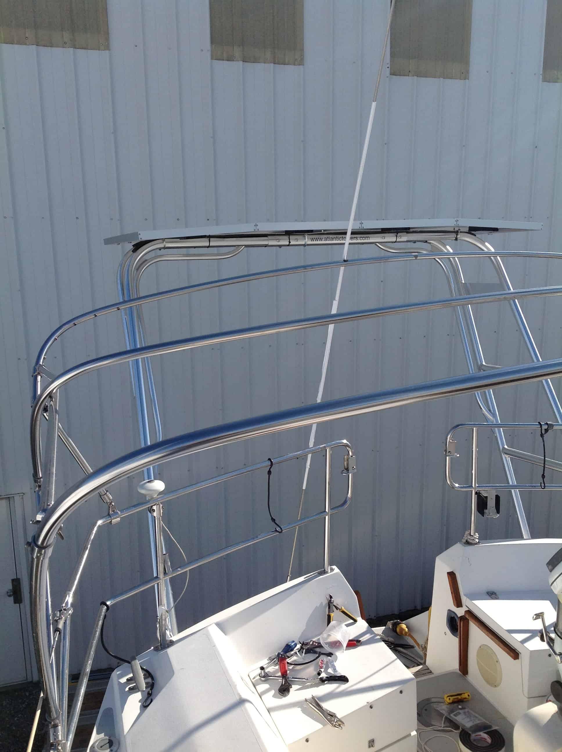 Atlantic Towers Arch installed on the Catalina 42 Mark I sailboat, showing the rear deck and rigging.