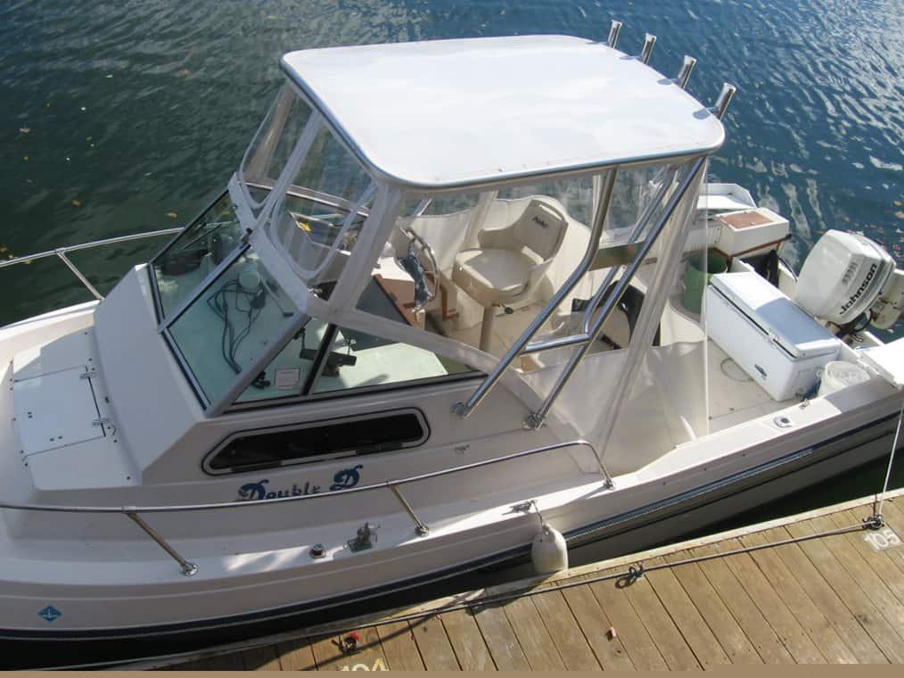 Atlantic Towers Top installed on a Sea Ox 230 boat, featuring a spacious layout with a view of surrounding water.
