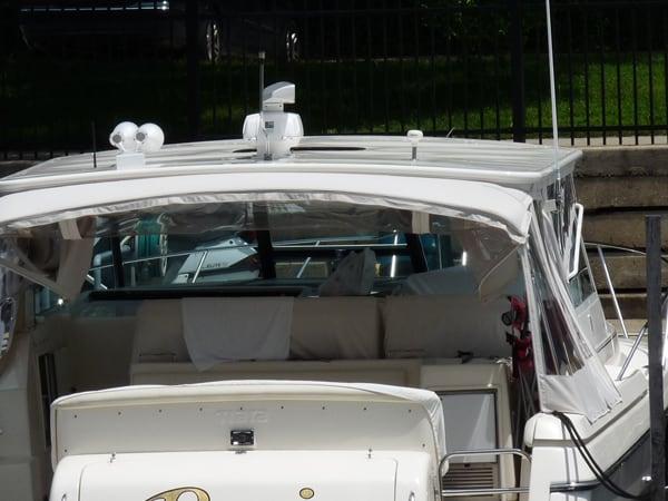 Atlantic Towers Top installed on a Tiara 3500 Express boat, showcasing the upper deck with clear visibility.