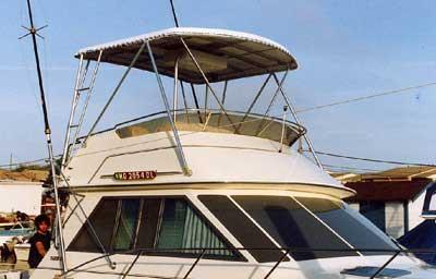 Atlantic Towers Top installed on Tiara 3600 Convertible flybridge boat with clear sky background