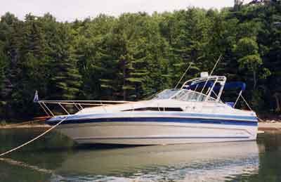 Atlantic Towers Arch installed on a Sea Ray 270 Sundancer boat moored in a serene, wooded area.