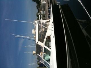 Atlantic Towers Arch installed on a Bertram 261 Sport boat, docked with masts and a marina in the background.