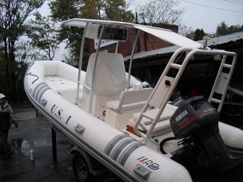 Atlantic Towers T-Top installed on an AB Inflatables Oceanus 19 VST RIB boat showing the helm station area