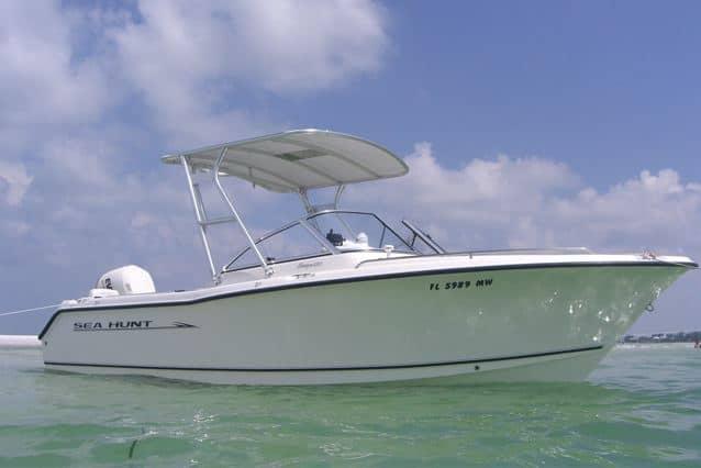 Atlantic Towers Top installed on a Sea Hunt 220 Escape open bow boat, showcasing its sleek design and functionality.