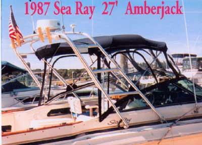 Atlantic Towers Arch installed on a Sea Ray 270 Amberjack Express Fisherman boat shown docked by the pier.