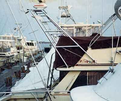 Atlantic Towers Arch installed on a Trojan 36 Convertible boat, surrounded by other vessels in a marina.