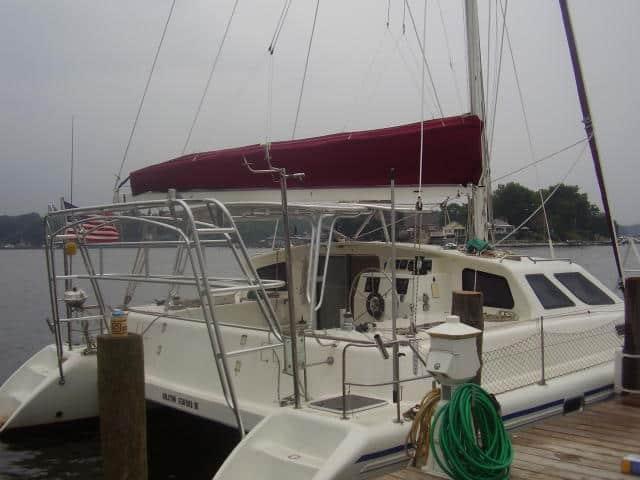 Atlantic Towers Top installed on a Norseman 40 Catamaran sailboat with dual hulls and rigging lines visible