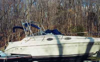 Atlantic Towers Arch installed on a Sea Ray 250 Sundancer boat, docked in a wooded area.