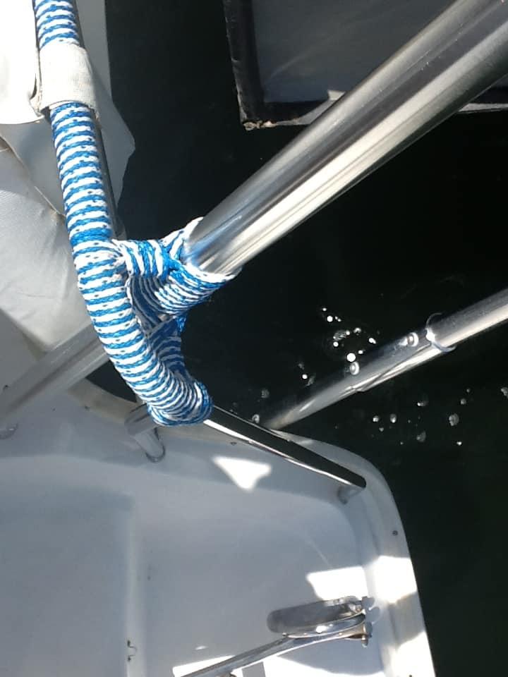 Atlantic Towers Arch installed on Leopard 40 catamaran, showing the boat's rear deck and railings at sea.
