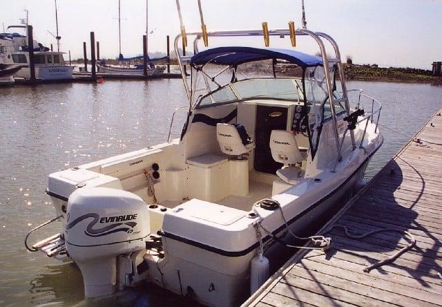 Atlantic Towers Arch installed on a Seaswirl 2100/2101 WA boat at the dock, showcasing its design and functionality.