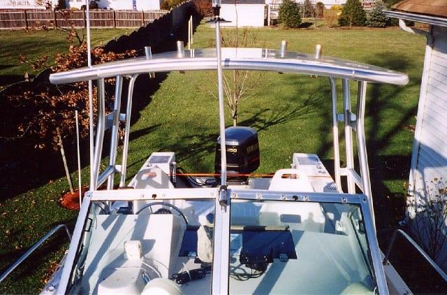 Atlantic Towers Top installed on a Sea Ox Walkaround boat, showcasing the helm and surrounding area.