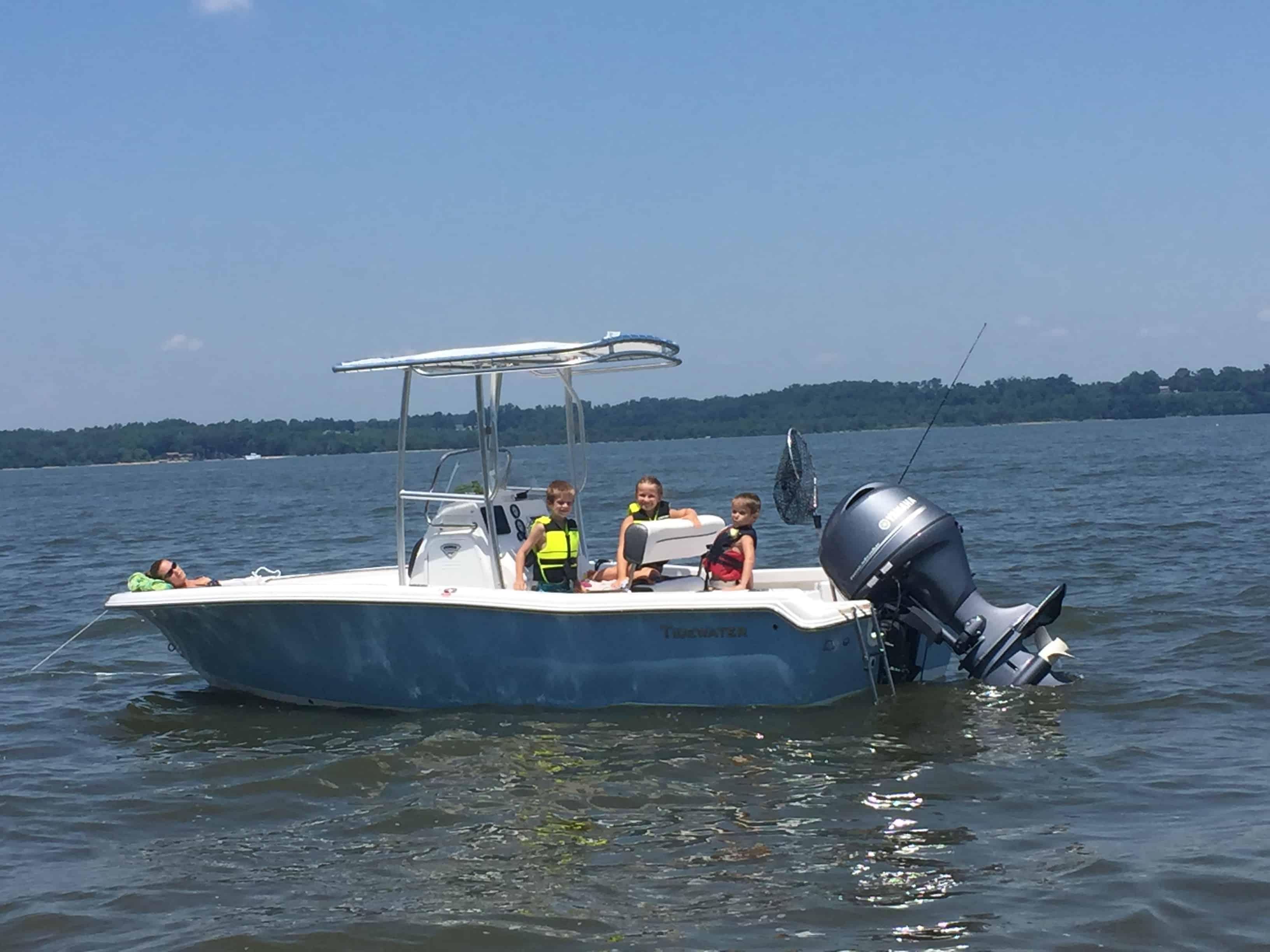 Atlantic Towers T-Top installed on a Tidewater boat with children enjoying a sunny day on the water.