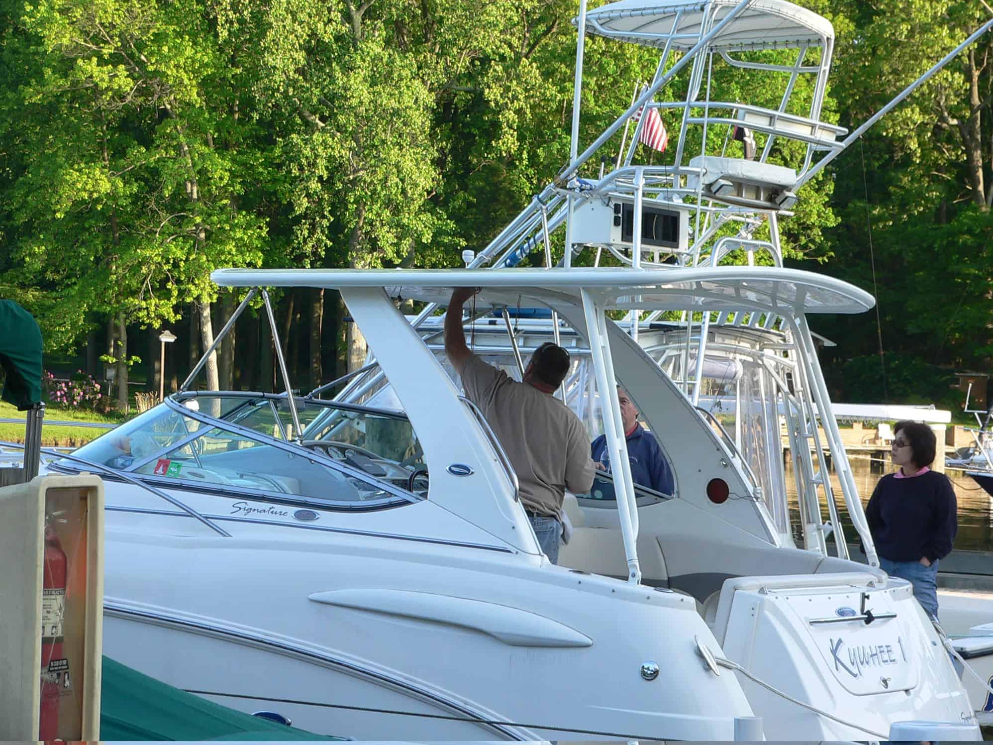 Atlantic Towers top installed on Chaparral 290 Signature express boat, showcasing a sleek and functional design.