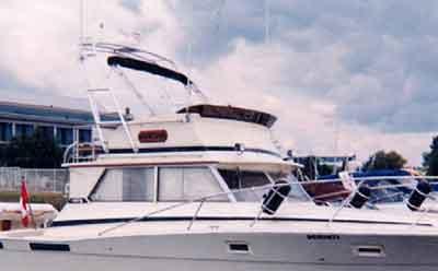 Atlantic Towers Arch installed on a Viking 40 Sedan boat docked near residential buildings under a cloudy sky.