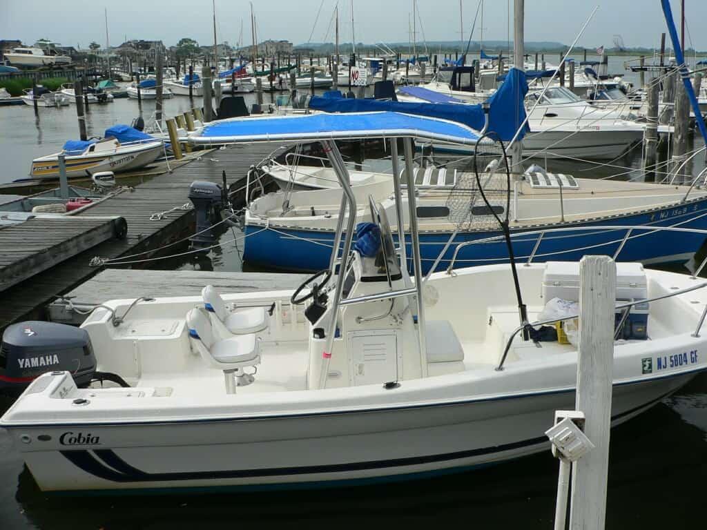 Cobia 194 boat docked at marina with Yamaha engine and Atlantic Towers T-Top with blue cover over center console.