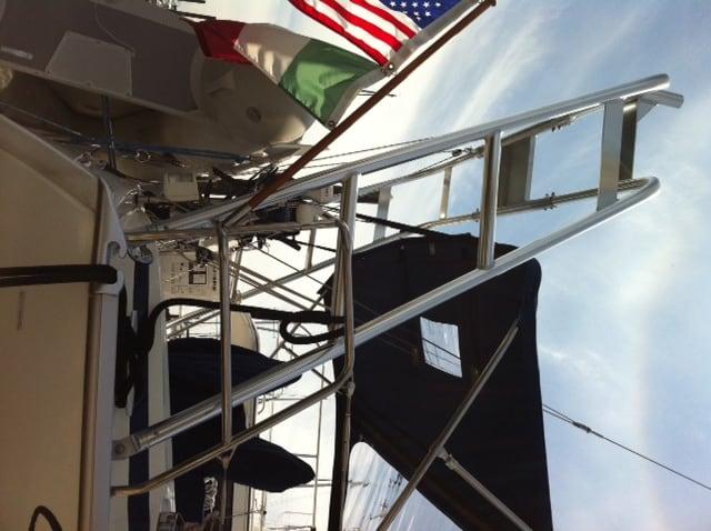 Atlantic Towers Arch installed on a Bavaria 38 sailboat, showing the structure against a blue sky background