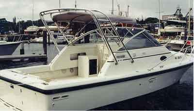 Atlantic Towers Arch installed on a Phoenix 27 Tournament boat, showcasing the vessel's design and features at the marina.