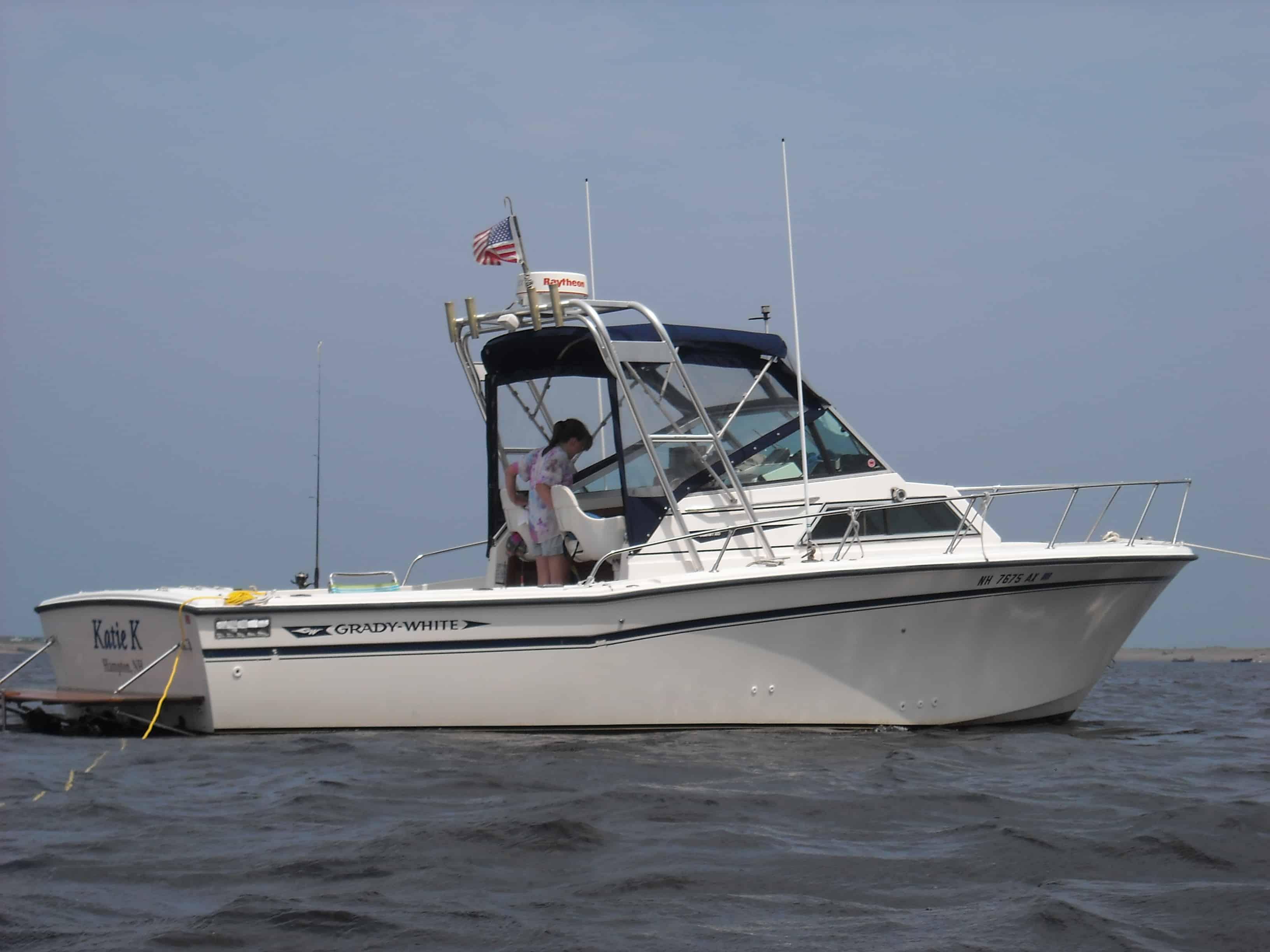 Atlantic Towers Arch installed on a Grady White 255 Sailfish walkaround boat shown from the side on water.