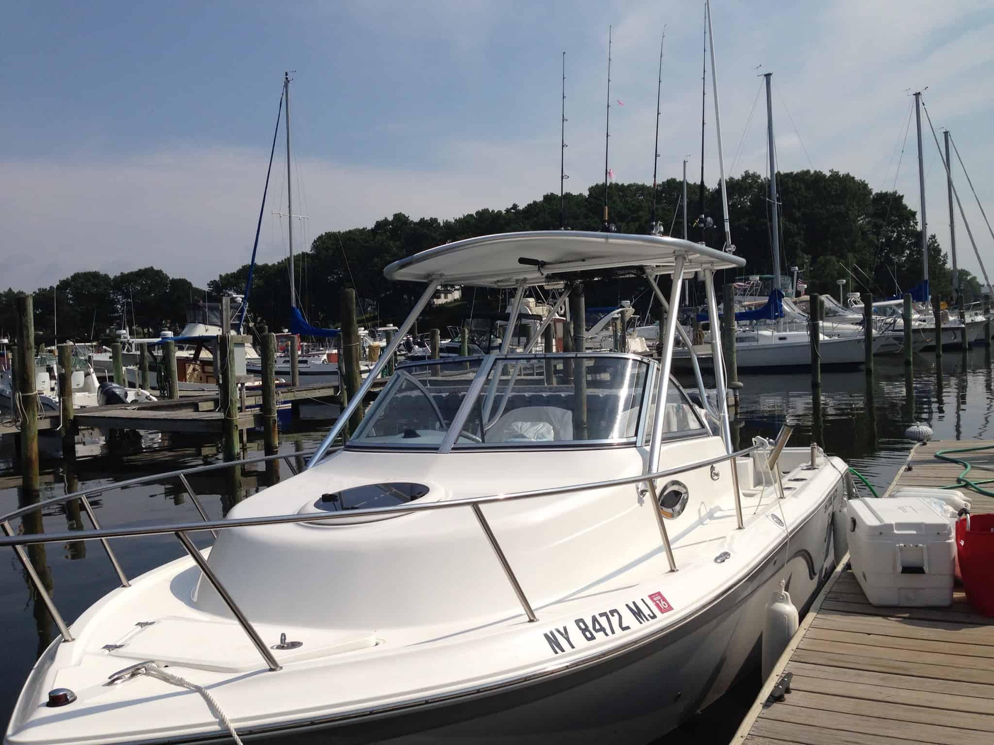 Atlantic Towers Top installed on Sea Fox 216 WA walkaround boat, showing stainless steel frame and canvas cover.
