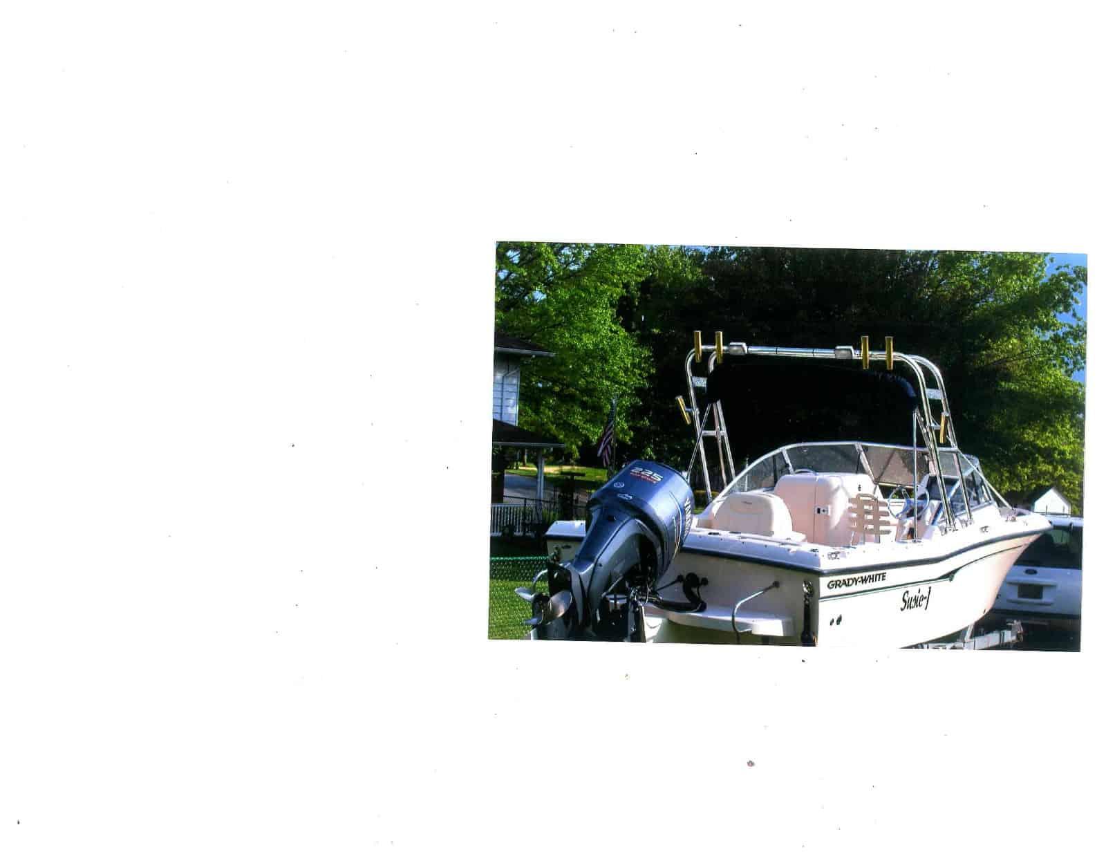 Atlantic Towers arch on a Grady White 225 Tournament open bow boat, showcasing a sleek design for enhanced performance.