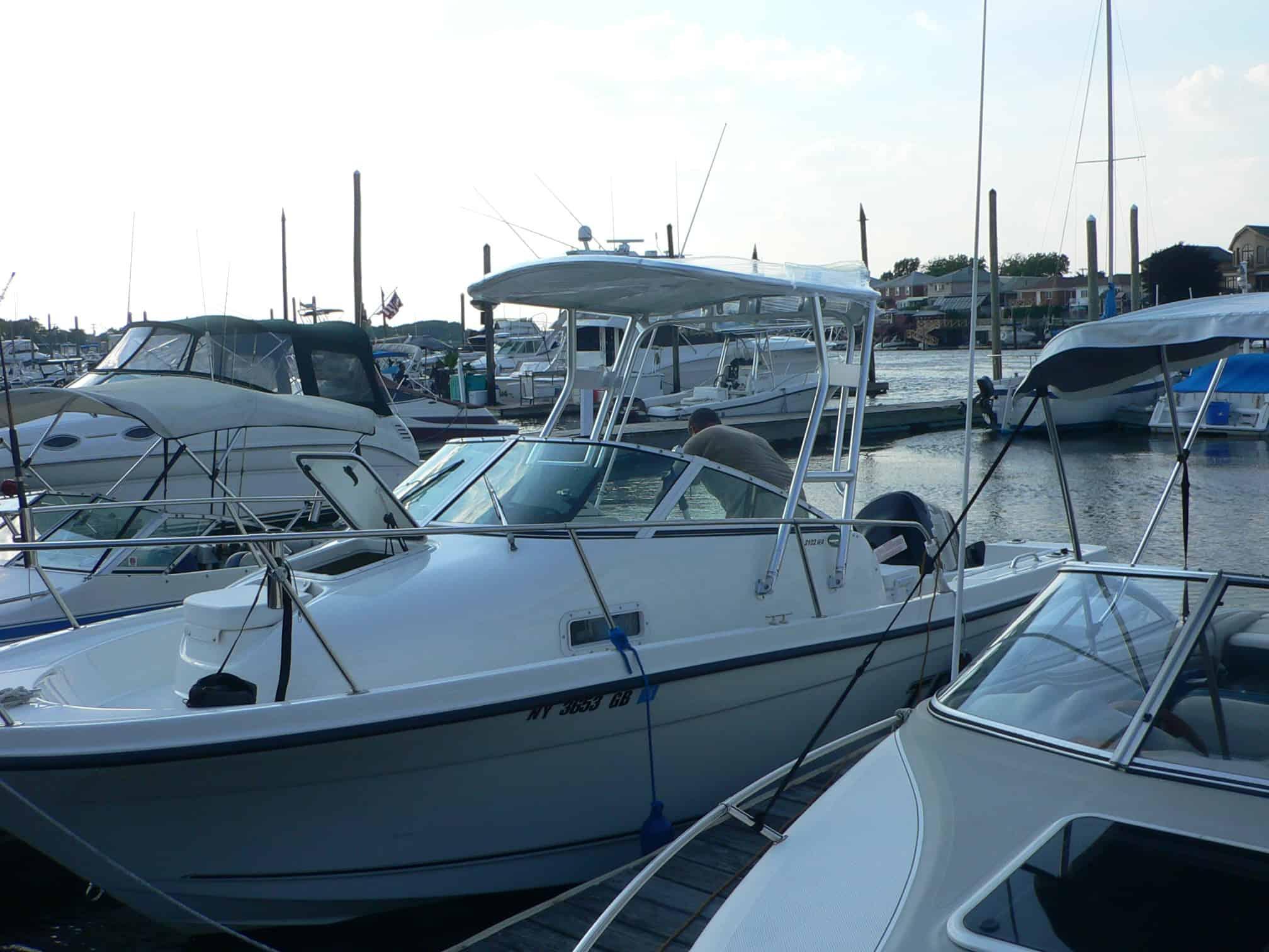 Atlantic Towers top installed on a Trophy 2102 walkaround boat, providing enhanced shade and protection.