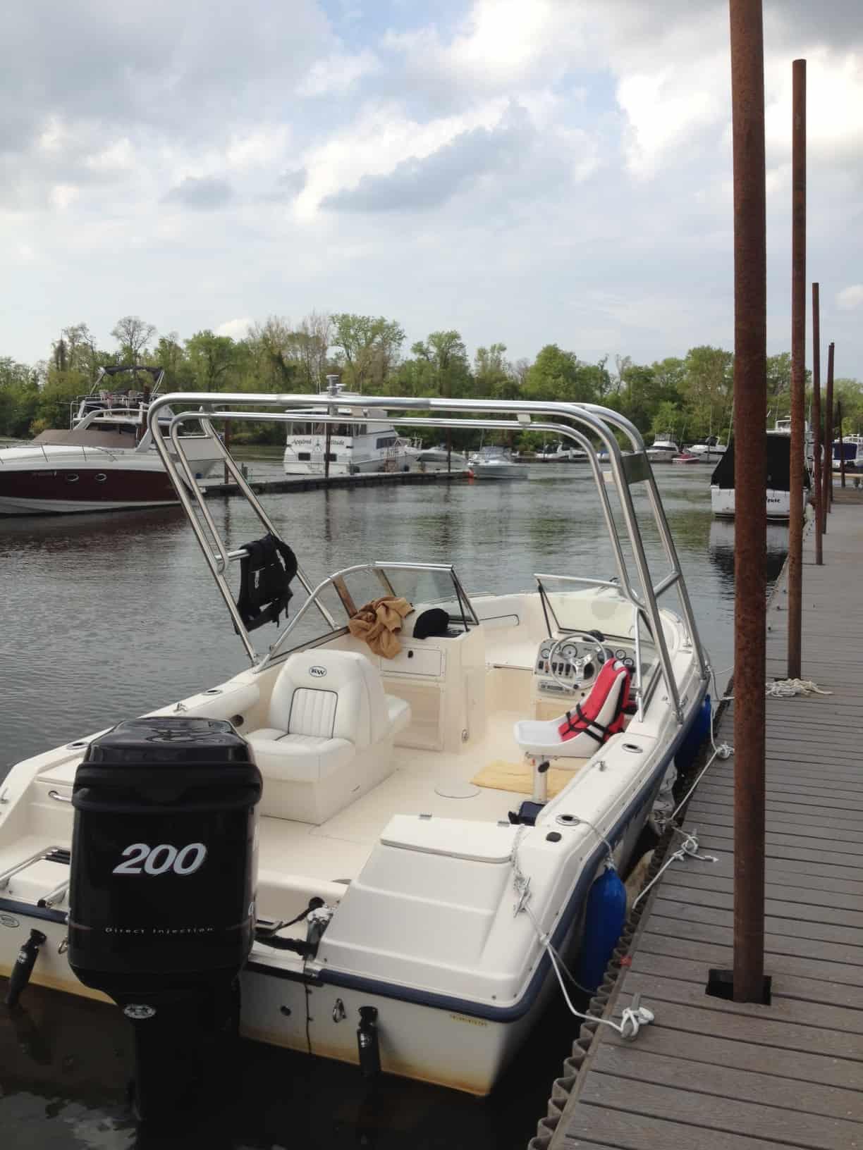 Atlantic Towers arch installed on a 2020 Key West dual console boat, showcasing its sleek design and functionality.