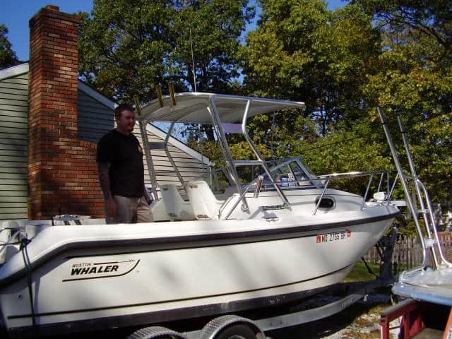 Atlantic Towers Top installed on Boston Whaler 21 Conquest cuddy fish boat showing structural frame and mounting hardware.