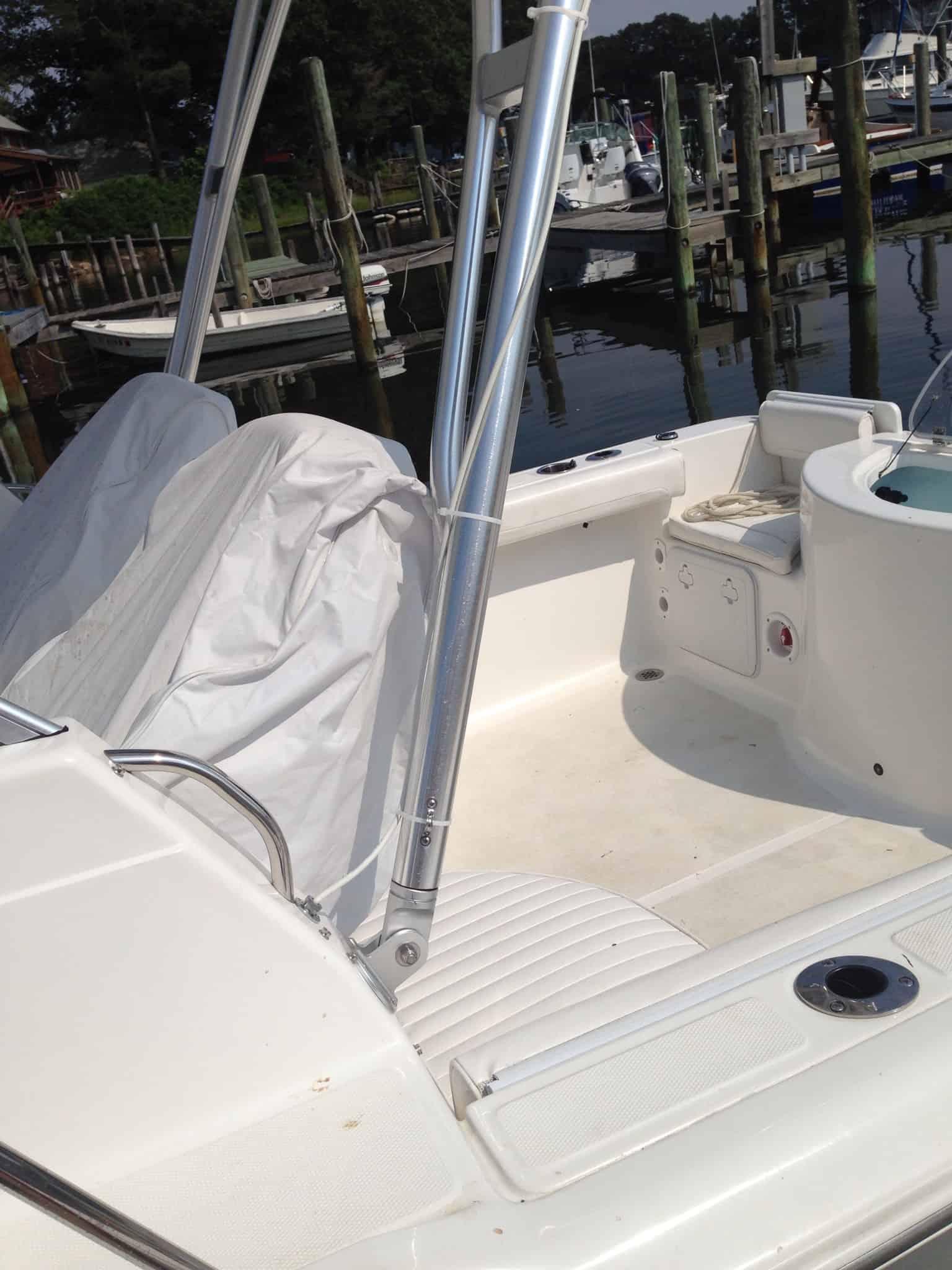 Atlantic Towers Top installed on a Sea Fox 216 WA walkaround boat, shown from an angled side view on water.