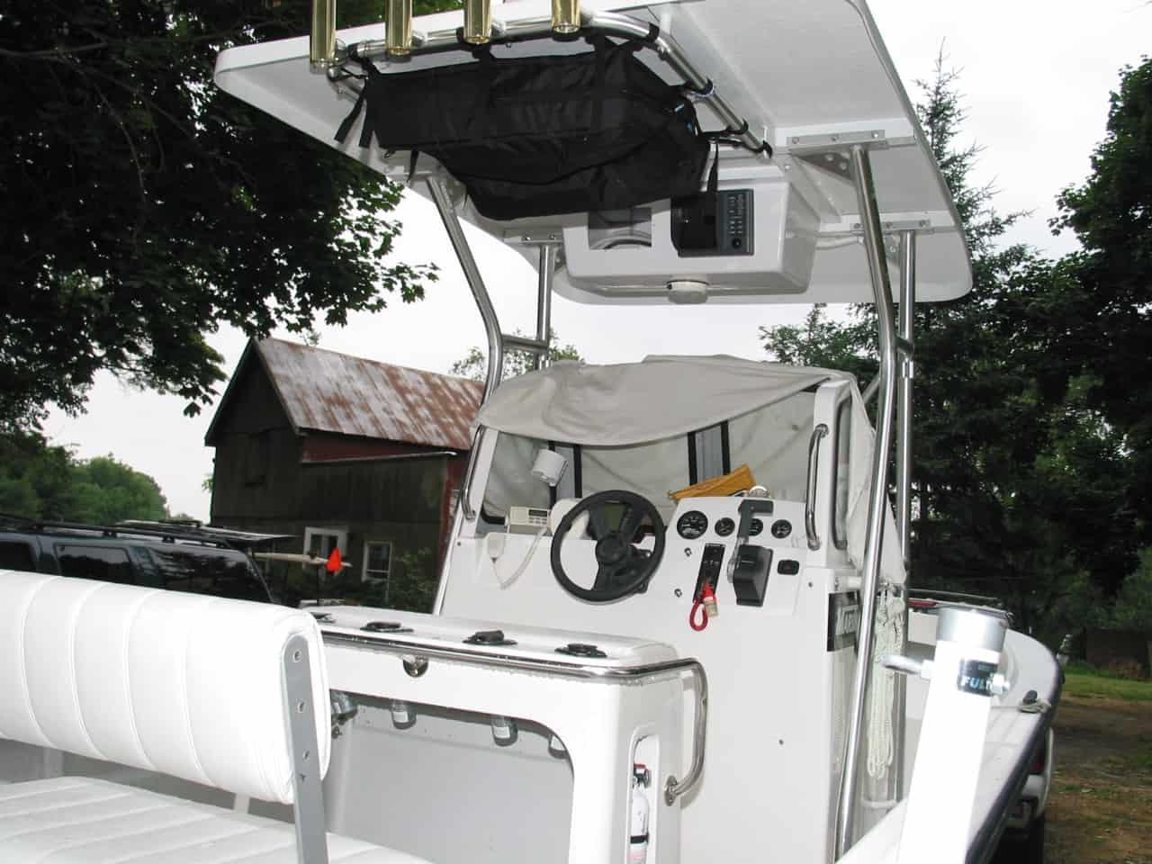 Atlantic Towers T-Top installed on a Maritime Skiff Super 50 Inside, showcasing the boat's helm and seating area.