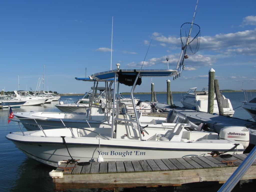 Atlantic Towers T-Top installed on a Sea Boss 19 center console boat floating on water.