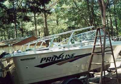 Atlantic Towers Arch installed on a Pro Line 202 boat in a wooded area, with a ladder nearby.