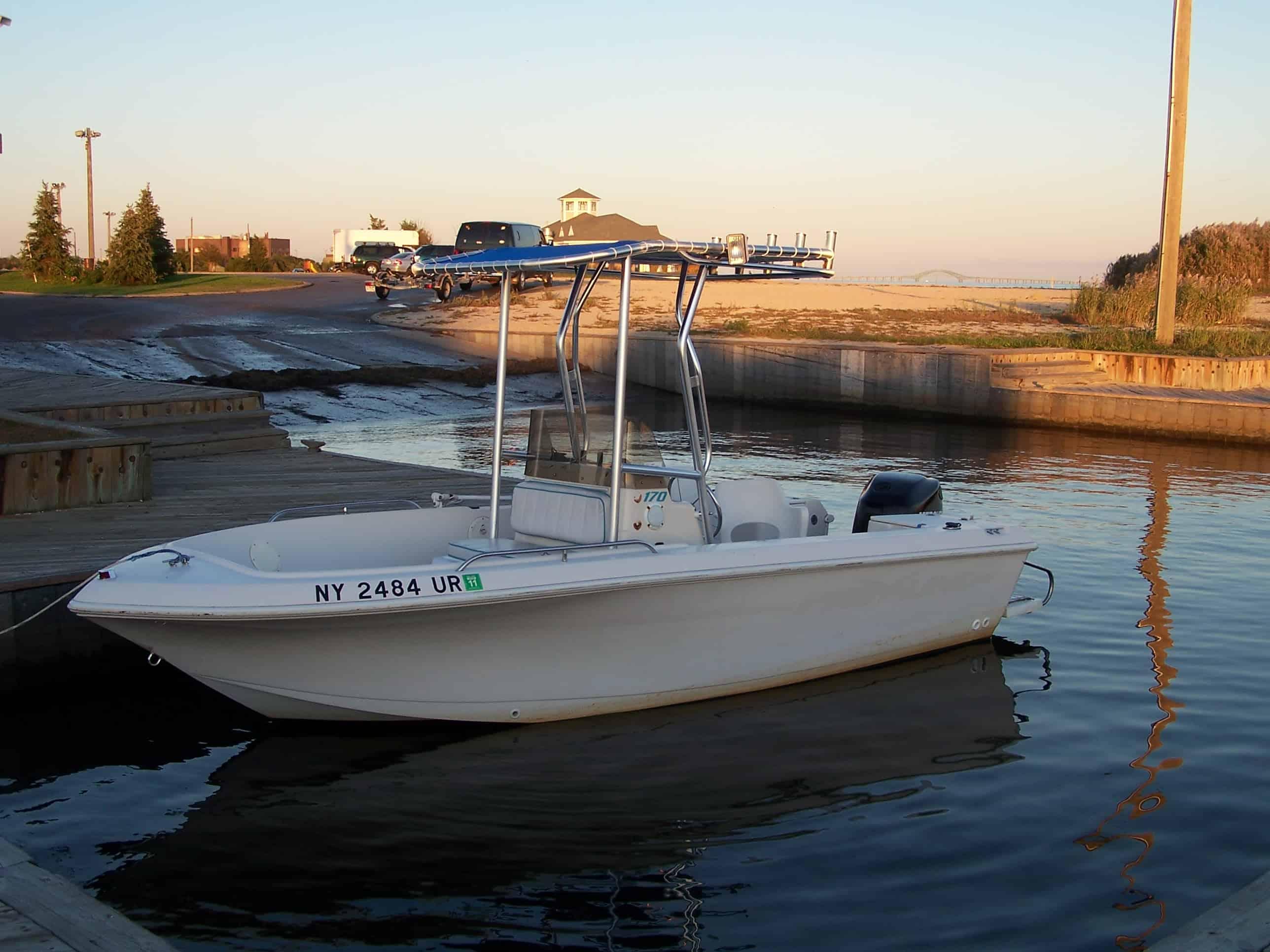 Atlantic Towers T-Top installed on a Pro Line 170 center console boat, showcasing its sturdy design and functionality.