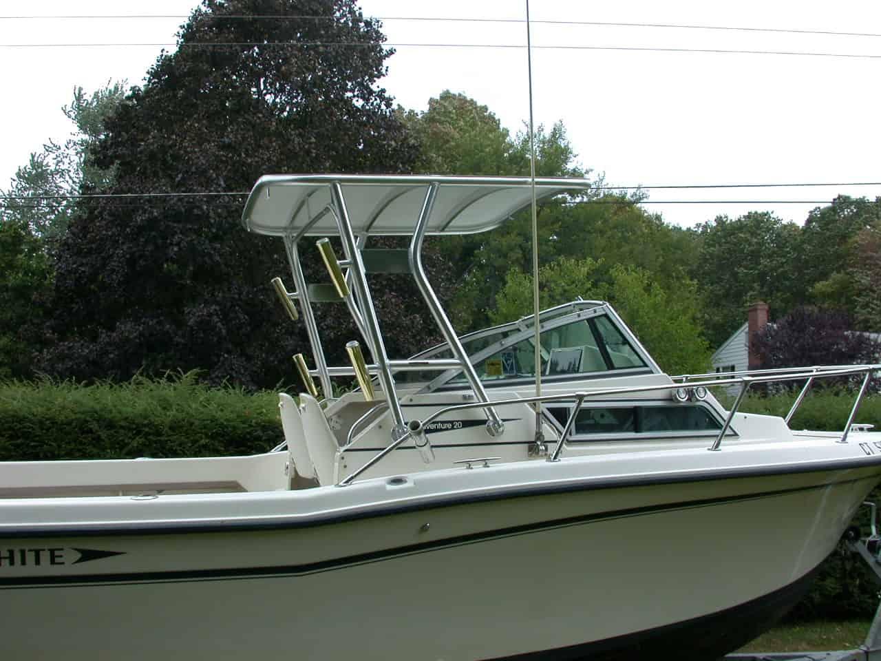 Atlantic Towers Top installed on a Grady White 208 boat, showcasing its design and structure in a natural setting.