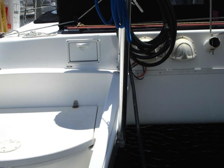 Atlantic Towers Arch installed on Lagoon 37 Catamaran, shown from a side angle with clear sky background.