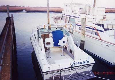 Atlantic Towers Arch installed on a Stamas 255 Riviera boat at the dock, with a scenic waterfront view.