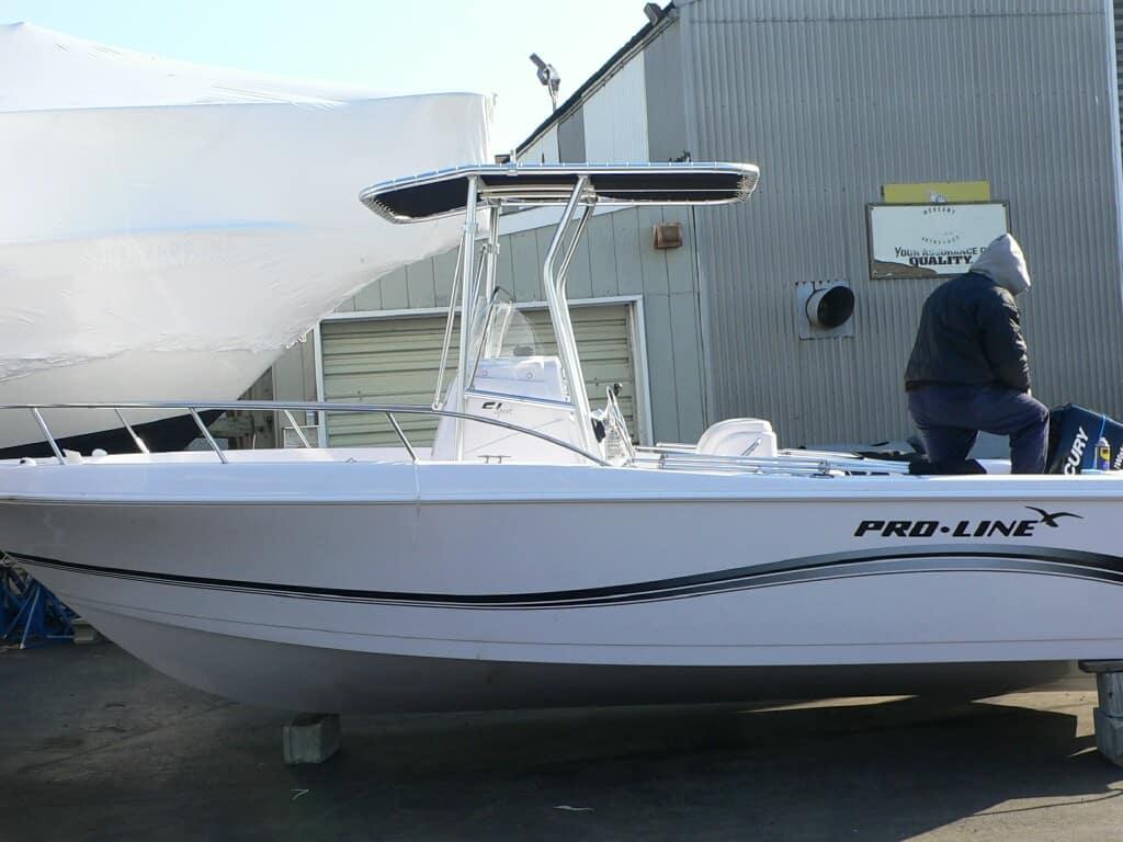 Atlantic Towers T-Top installed on a Pro Line 20/21 Sport center console boat with blue sky background